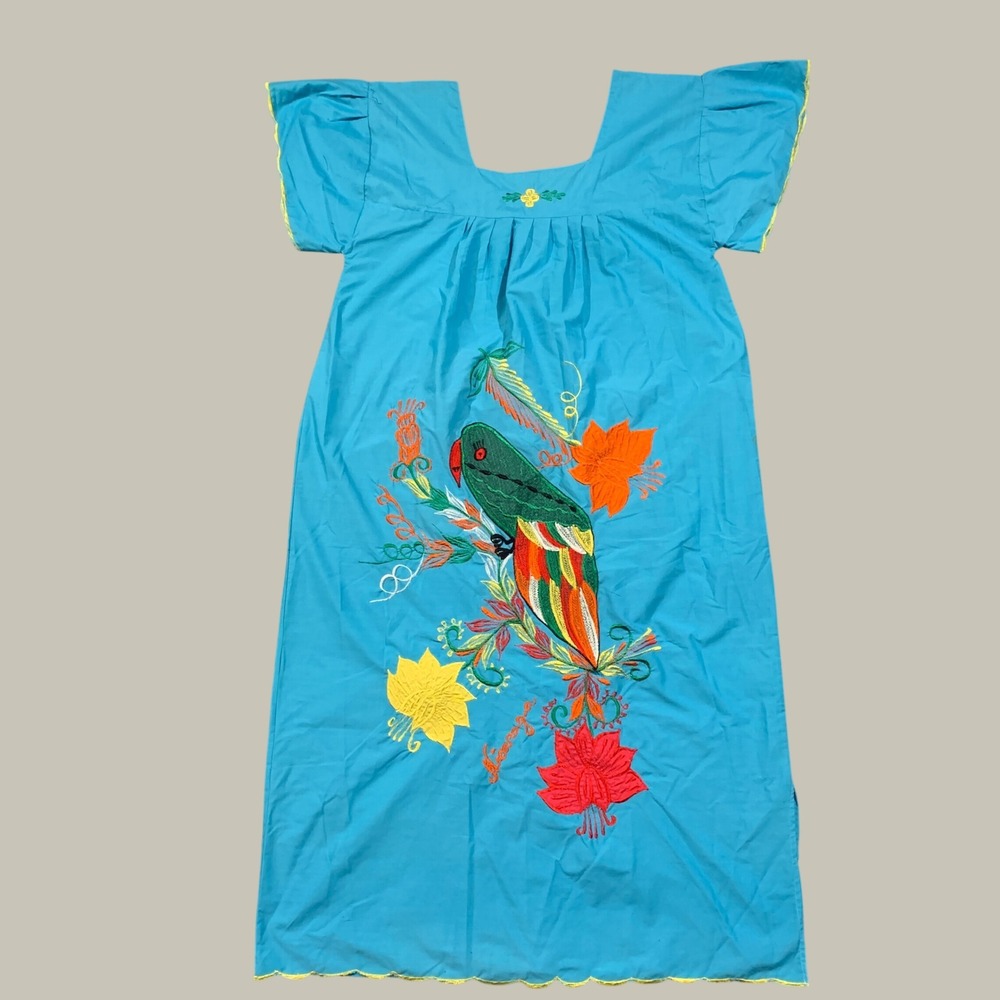 Handcrafted Embroidered Parrot Dress Women L Blue Muumuu Tropical Nicaragua Midi